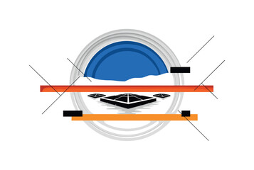 Fototapeta premium Black and white reservoir landscape simplified into layered shapes with floating solar platforms centered, bold blue semicircle framing the sky and orange