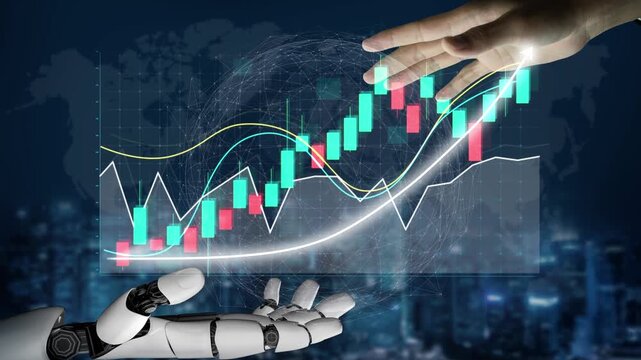 A robotic hand reaches out towards a human hand above a digital stock market graph, symbolizing the convergence of technology and finance in modern trading strategies. Copula