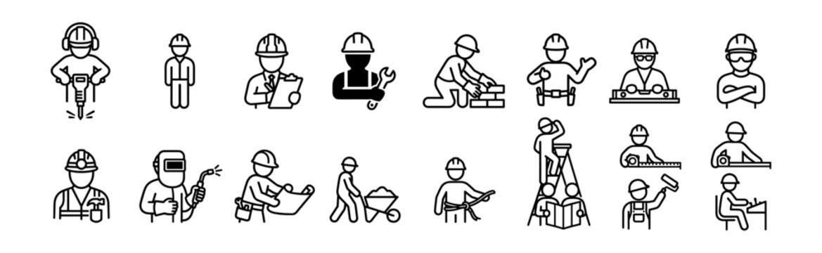 construction worker icons set including builder with jackhammer, engineer, welder, mason, painter, surveyor, and various construction and labor roles on transparent background