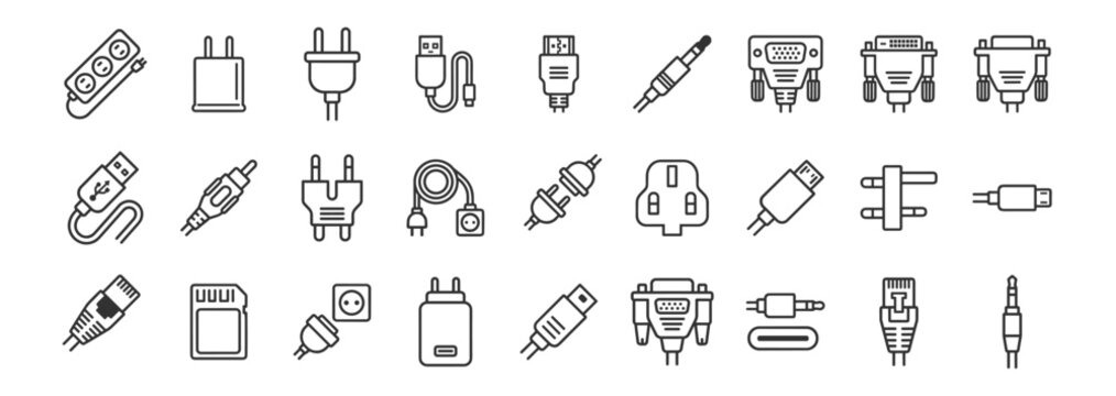 line style vector icons of various electronic connector plugs and adapter cables on transparent background