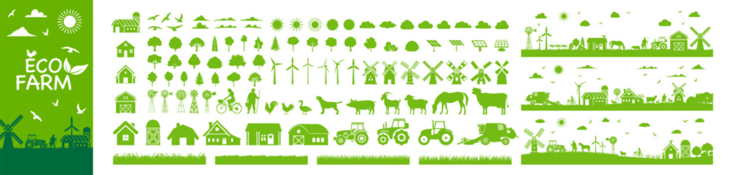Eco farm icon collection with rural landscape, windmills, animals, tractors, trees, and sun on transparent background