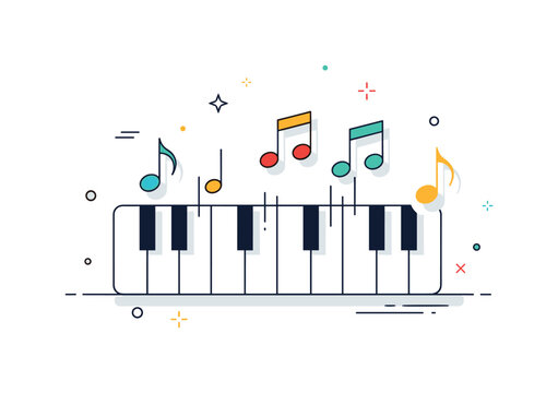 Piano melody concept centered on simplified piano keys with rising note icons, expressing elegance and harmonious flow. The layout feels refined and balanced.