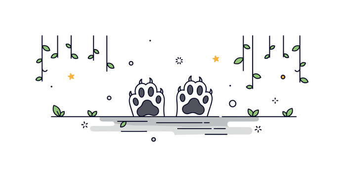 Big cat paw prints appearing along a jungle floor framed by hanging vines, conveying stealth, power, and untamed wilderness. Minimal shadow shapes and small