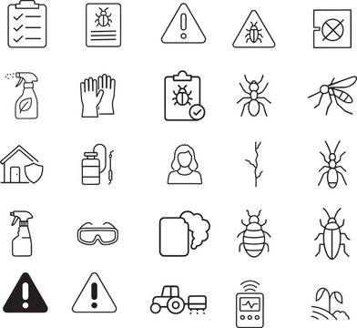 Pest vector icon set, clipboard, warning, spray, gloves, ant, mosquito, house, sprayer, person, branch, roach, goggles, tractor, monitor, sprout