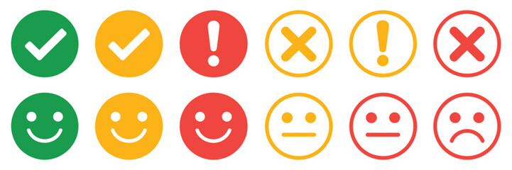 green, yellow, and red round icons showing check marks, cross marks, alerts, and emoticons, flat vector buttons with feedback emoji, exclamation points, X marks, UI elements, status indicators, app 