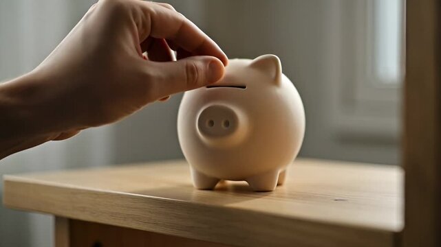 Person adding coin to piggy bank saving money financial concept
