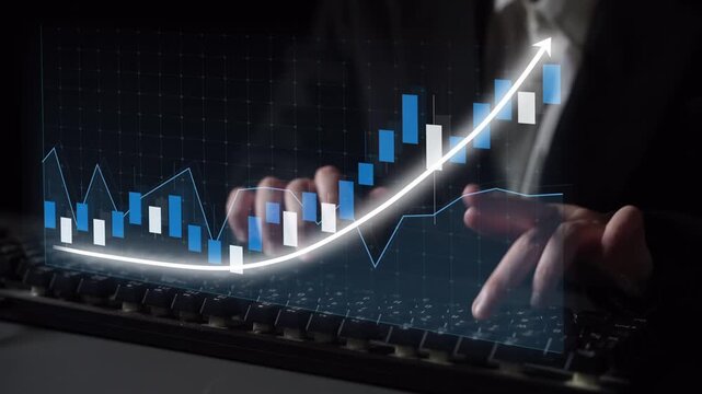 A business professional engages with financial analytics, utilizing advanced technology to visualize growth trends in a modern workspace environment. Copula