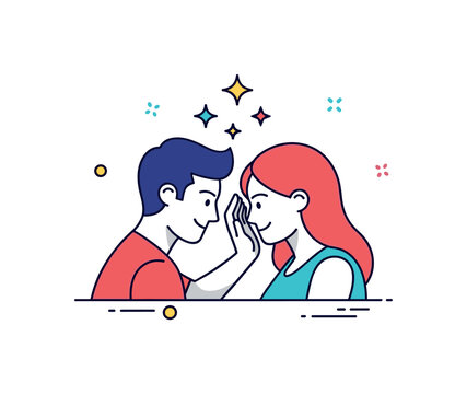 Playful teasing moment one partner gently nudging the other with small star accents above, symbolizing intimacy and shared humor. Minimalist flat vector