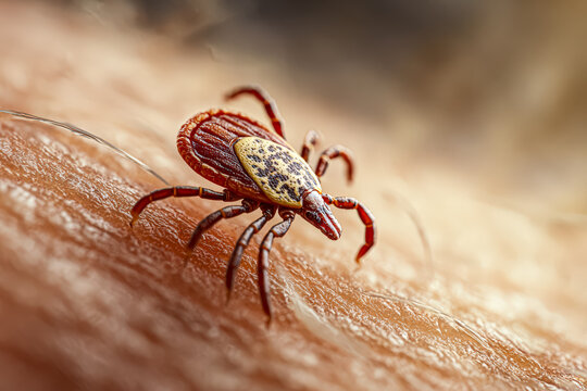 Detailed macro shot of a tick crawling on human skin, showcasing its features and texture. Important for discussions on tick borne diseases.