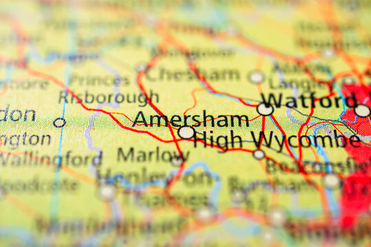 Close up map of Amersham and High Wycombe Buckinghamshire England.