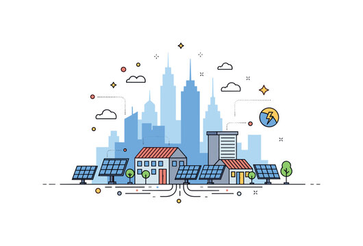 Future renewable city concept centered on skyline silhouettes combined with rooftop solar arrays and subtle energy flow lines, expressing progress, climate