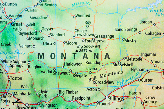 Montana map detail showing Billings Livingston and Yellowstone River region.