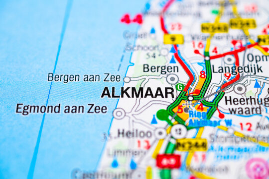 Close up map of Alkmaar and Bergen aan Zee Netherlands.