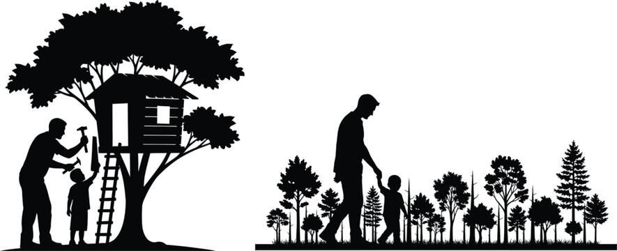 Silhouette of a man and child in a treehouse and another man in a forest clearing