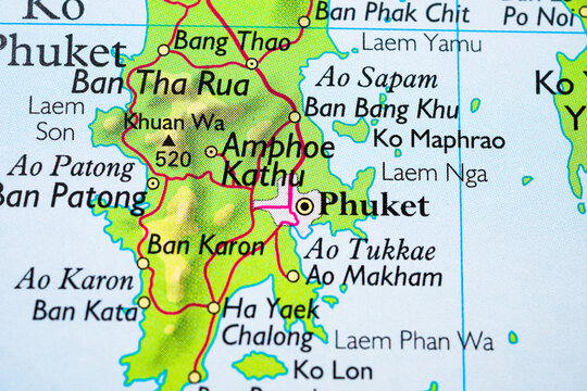 Close up of Phuket island Thailand road map with towns and coastal features.