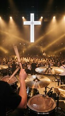 Naklejka premium A drummer on stage during a worship service with a large congregation and a bright cross at modern church event