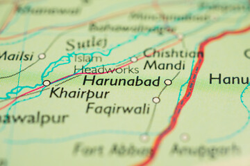 Fototapeta premium Close up map view of Harunabad and Khairpur in Pakistan highlighting regional road network and geography.