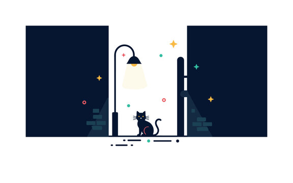 Dark alley cat under streetlight theme featuring a small cat silhouette sitting beneath a glowing lamp in a narrow passage. The scene communicates quiet night