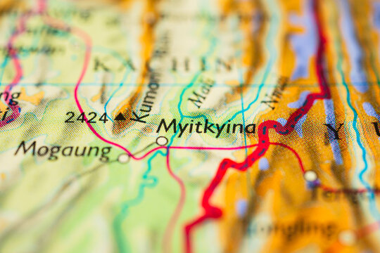 Close up of Kachin region in Myanmar highlighting mountain ranges and border routes.