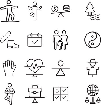 Balance vector icon set, yoga person, money scale, tree, water, boot, calendar, family, yin yang, hand, heart, EKG, scarecrow, briefcase, globe, checks