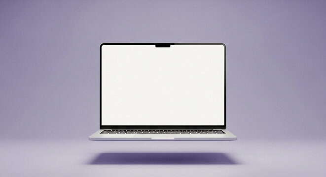 Floating silver laptop with blank screen and keyboard on purple surface, eye‑level product photo