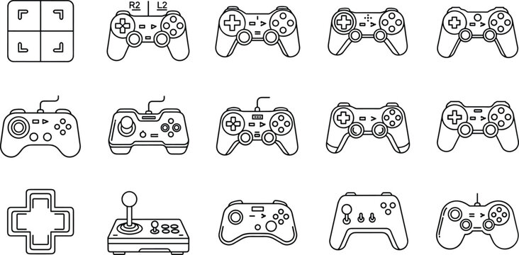 Gaming controller line icon set featuring gamepads, joysticks, arcade consoles, and D-pad symbols for video games and digital entertainment design.