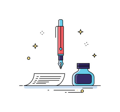 Script practice scene compact desk setup with calligraphy pen, ink bottle and a small guideline sheet beneath, representing dedication and skill development in