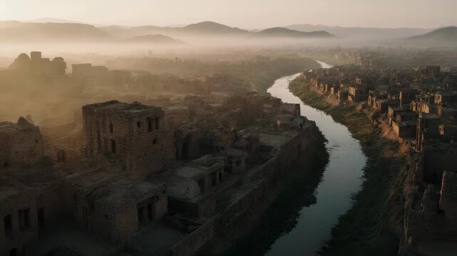 Cinematic sunrise aerial over ancient river civilization with mud brick buildings