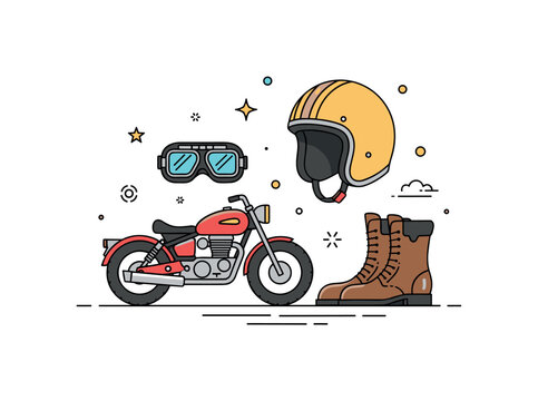 Motorcycle rider essentials focusing on a vintage helmet, goggles, and leather boots arranged around a compact bike icon, expressing authenticity and heritage