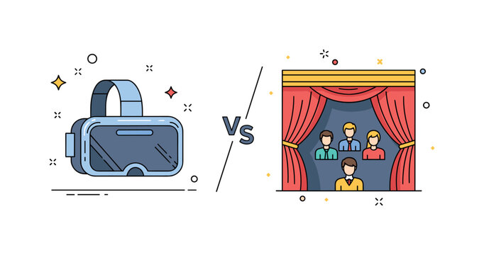 Virtual reality and live theater contrast VR headset with small digital sparkle accents opposite classical stage curtains, expressing immersive technology