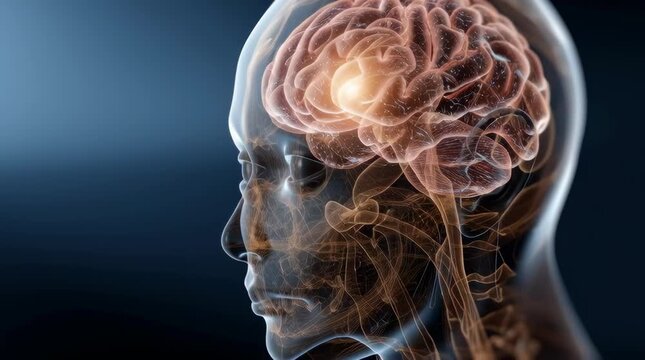 a glowing brain is seen in the side view of an adult human head on a dark blue background, in an x-ray style illustration with a black outline and a glowing effect. the visual representation features 