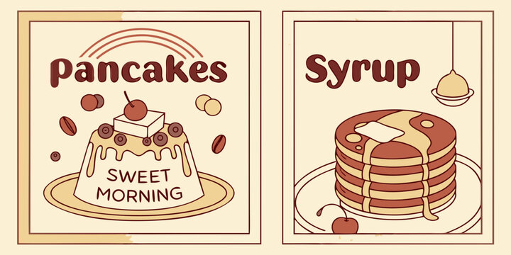 Vintage style pancake and syrup breakfast illustration posters, vector