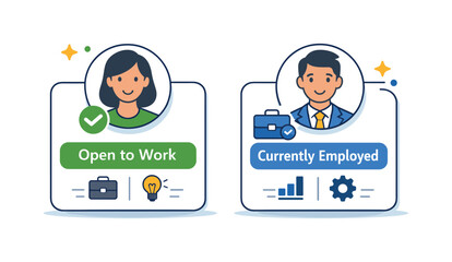 Work status bias concept visualized by comparison cards where an open to work profile stands equally strong beside an employed profile emphasizing fairness and