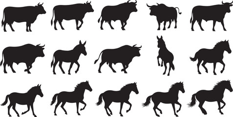 Fototapeta premium Collection of horse and cow silhouette illustrations on white background
