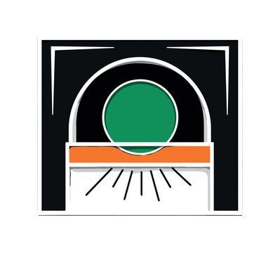Black and white grand proscenium arch simplified into bold geometric frame, vivid emerald green circle centered within stage opening, bright orange rectangular