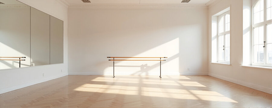 Bright and spacious dance studio with wooden ballet bar and large windows letting in natural light. Dance studio features reflective mirrors and warm wooden flooring,