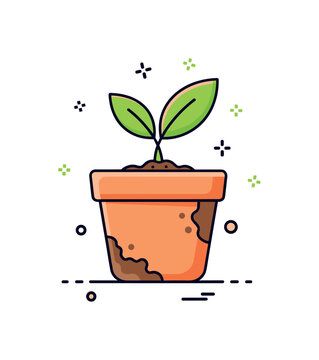 Repurposed plant container illustrated as a modestly worn pot with subtle dirt smudges and a bright sprouting leaf emerging confidently. A compact visual badge