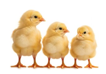 Naklejka premium Three adorable yellow chicks standing side by side isolated on white background looking around curiously
