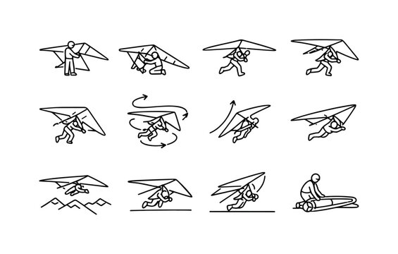 Hang Gliding Actions. Line icon set of Hang Gliding Actions: preflight check, wing assembly, pilot running launch, airborne glide, turning maneuver, thermal