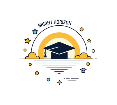 Bright horizon educational future concept illustrated by a graduation cap silhouette against a glowing horizon circle, expressing achievement, new chapters and