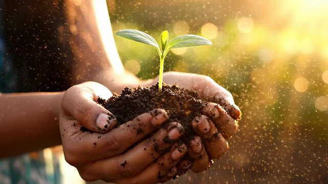Hands nurturing young plant in sunlight. Person supports growth of sustainability in garden. Peaceful atmosphere encourages environmental awareness and green living.