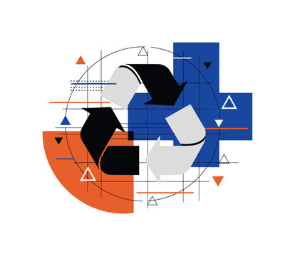black and white recycling symbol constructed from paper texture, layered with burnt orange semicircle and deep blue rectangular blocks, thin grid lines and