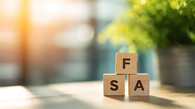 Wooden blocks spell out an acronym on a warm, sunny table with a blurred green plant in the background, symbolizing financial concepts or business growth