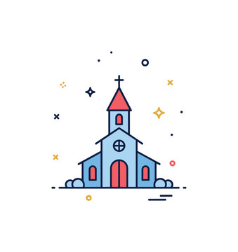 Church silhouette with steeple and small cross at the top expressing community worship and sacred space. Subtle star accents add a gentle sense of reverence