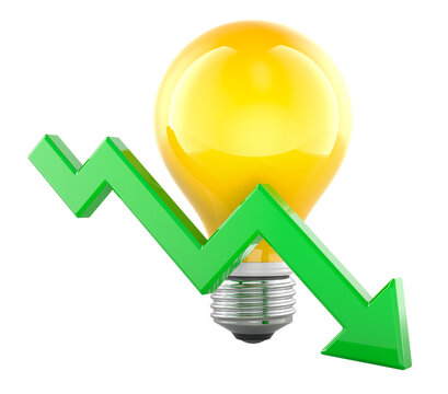 Light bulb with falling green arrow. Lower electricity prices or reduced energy use, concept. 3d rendering