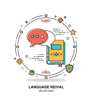 Language revival badge circular emblem featuring a speech bubble, book and subtle cultural pattern accents, representing collective effort to protect and renew