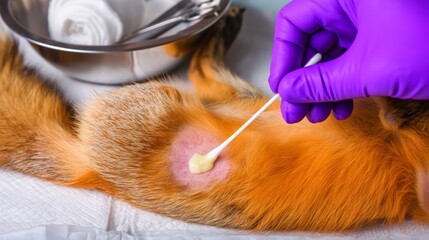 Fototapeta premium A zoo veterinarian applying antiseptic ointment to skin wound on sedated wild fox using cotton applicator.