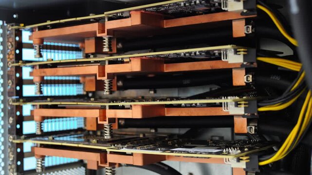 Big data gpu ai robot modern server center computer pc. Bitcoin and crypto mining farm. High tech server computers at work, data center modern supercomputer.