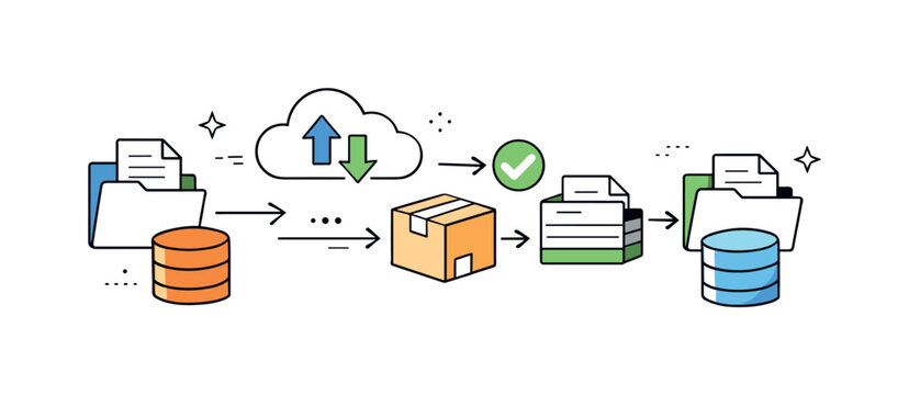 Export and migration systems. Abstract composition of files, arrows, containers, and checkmarks forming a clean pipeline. Visual metaphor for reliable data