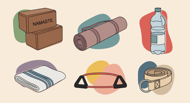 A collection of yoga essentials including blocks, a mat, a water bottle, and a strap in a minimalist style